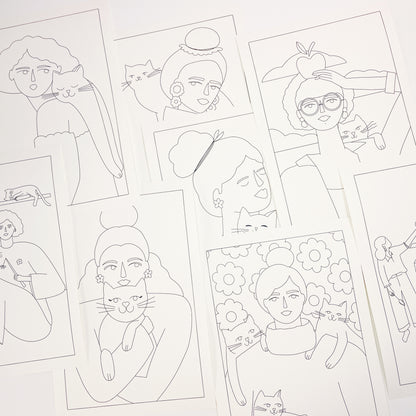 Cat Lady Set - Ilustraciones para colorear version digitial/imprimible