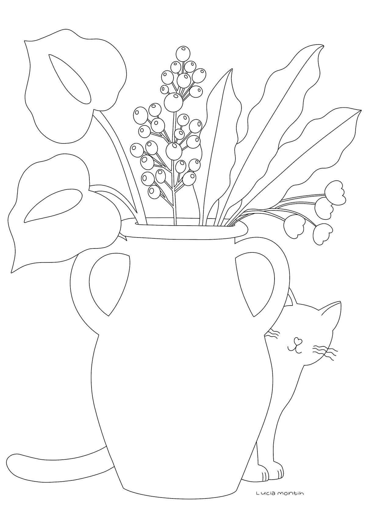 Gato detrás de un florero para colorear